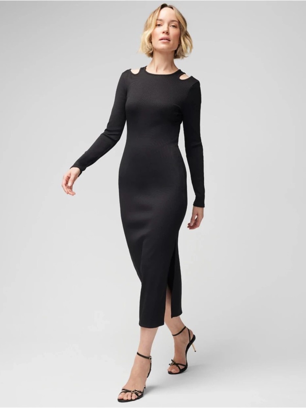 WHBM FORME Rib Long Sleeve Cutout Dress Black Midi Body Con NWT.    ‎      G50